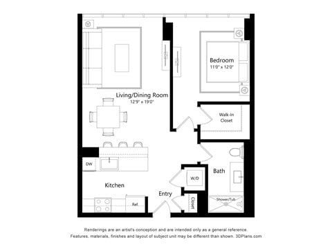 Floor plan for 1 bed, 1 bath, 738 sqft